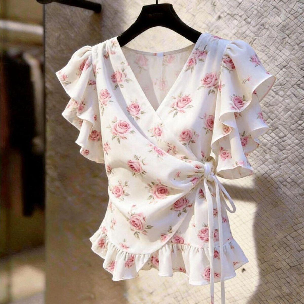 Wrap Blouse Chiffon - Roze bloes met V-hals, wikkelmodel, chiffon,