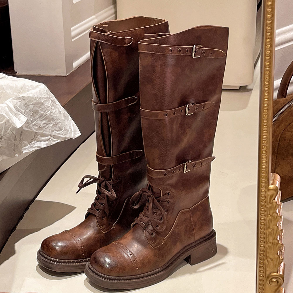 Women'S Fashion Leather Boots - Dames Kniehoge Laarzen Vintage Riem Gesp