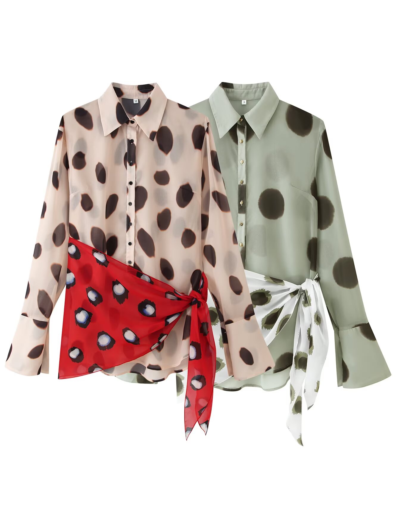 Wrap Blouse Chiffon - Damesblouse met lange mouwen, stippenprint, contrasterende