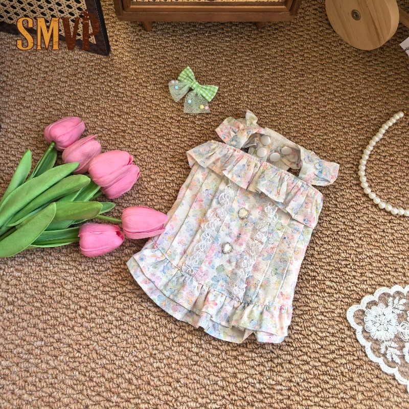 Lace Trim Cami - Pastelkleurige bloemenprint huisdier cami-jurk met geruite