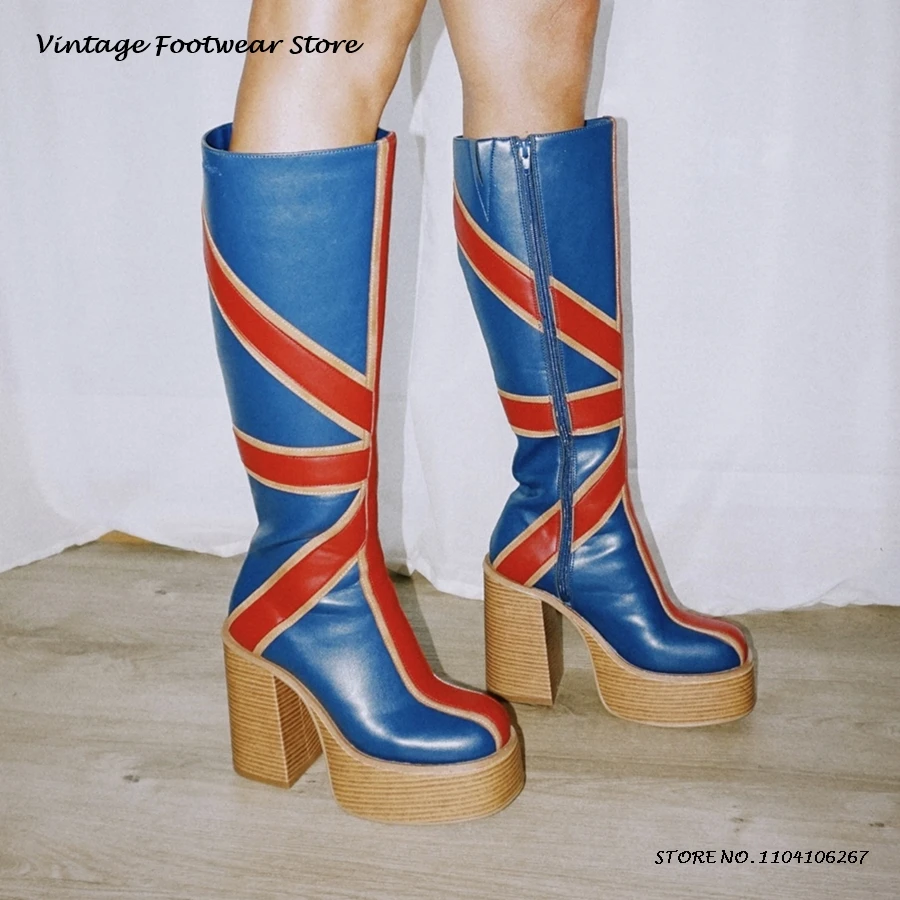 Women'S Fashion Leather Boots - Patchwork lederen platform knielaarzen Britse stijl