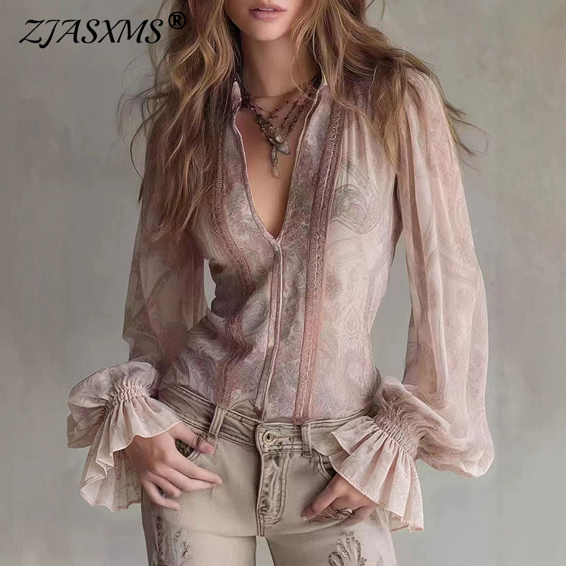 Wrap Blouse Chiffon - Retro geprinte doorschijnende blouses voor dames,