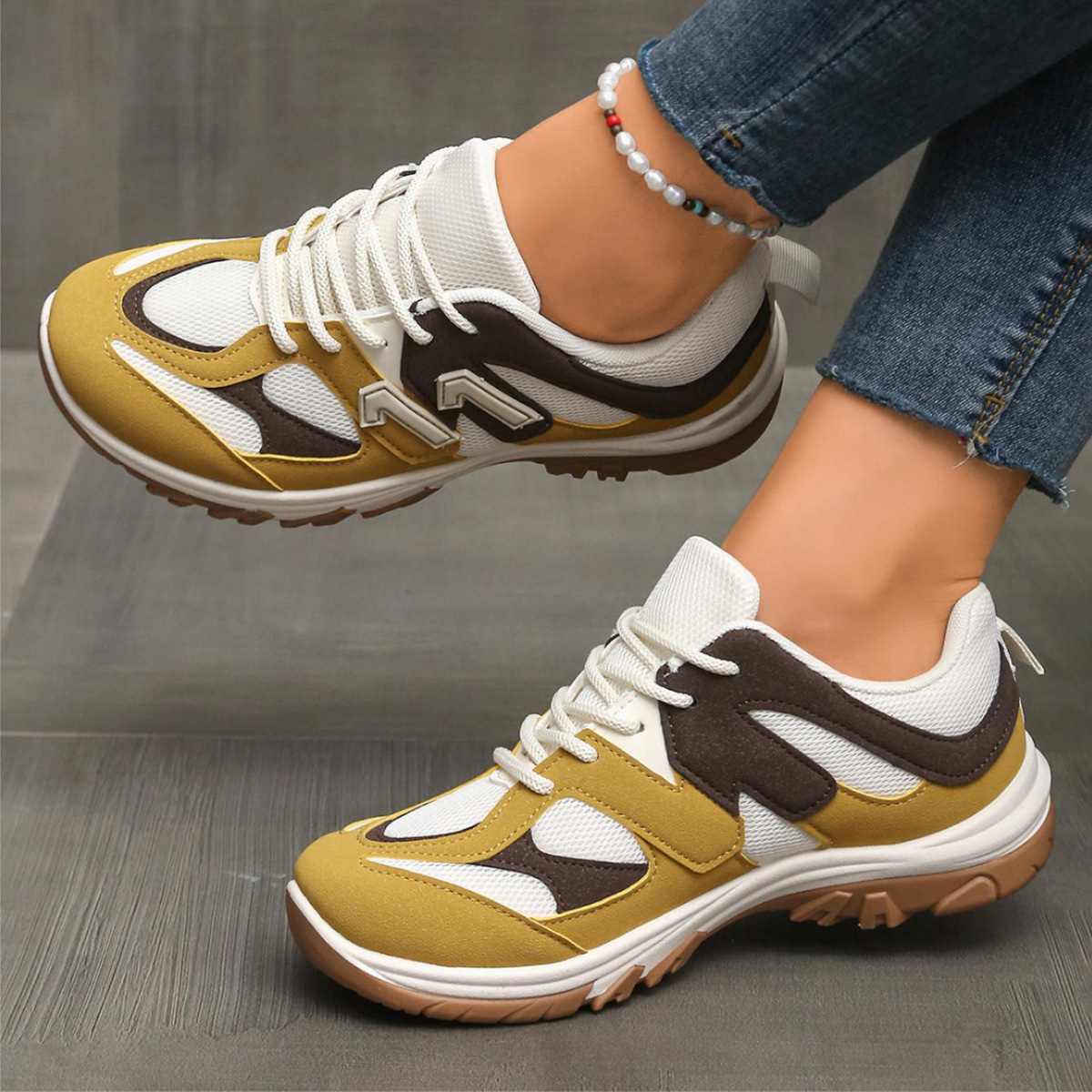 Women'S Yellow Fashion Sneakers - Mode grijs geel mix kleur antislip