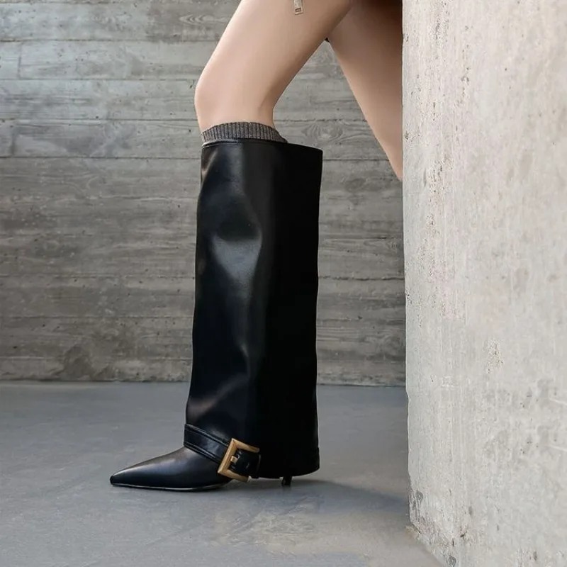 Women'S Fashion Leather Boots - Dames Kniehoge Laarzen Klassieke Zwarte Puntige
