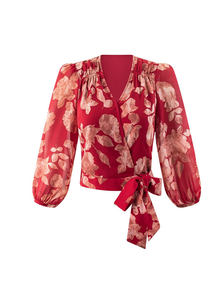 Wrap Blouse Chiffon - Dames V-hals Wrap Bandage Blouses Bloemenprint