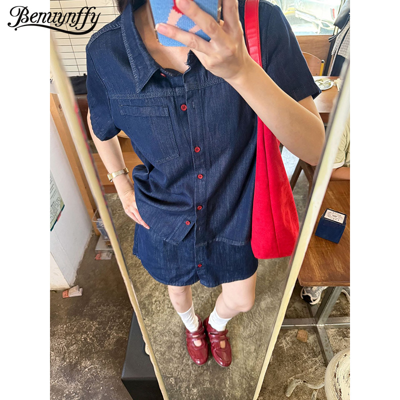 Women Fashion Jeans - Benuynffy Retro Korte Mouwen Denim Shirt