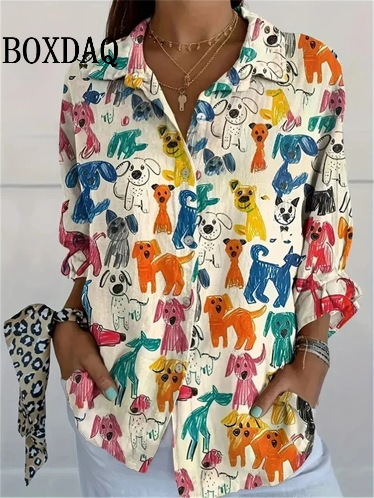Women Fashion Fun - Nieuw dames lenteoverhemd Fun Puppy Graffiti