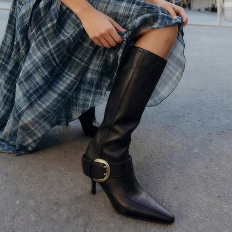 Women'S Fashion Leather Boots - Puntige Teen Hoge Hakken Dameslaarzen Lederen