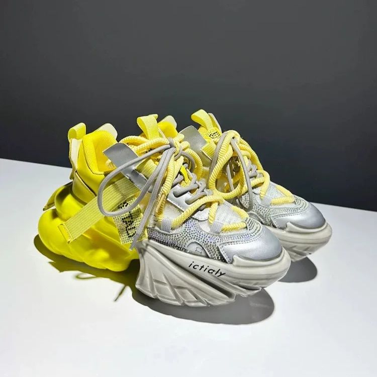 Women'S Yellow Fashion Sneakers - Dames Hoge Hakken Platform Schoenen Kristal