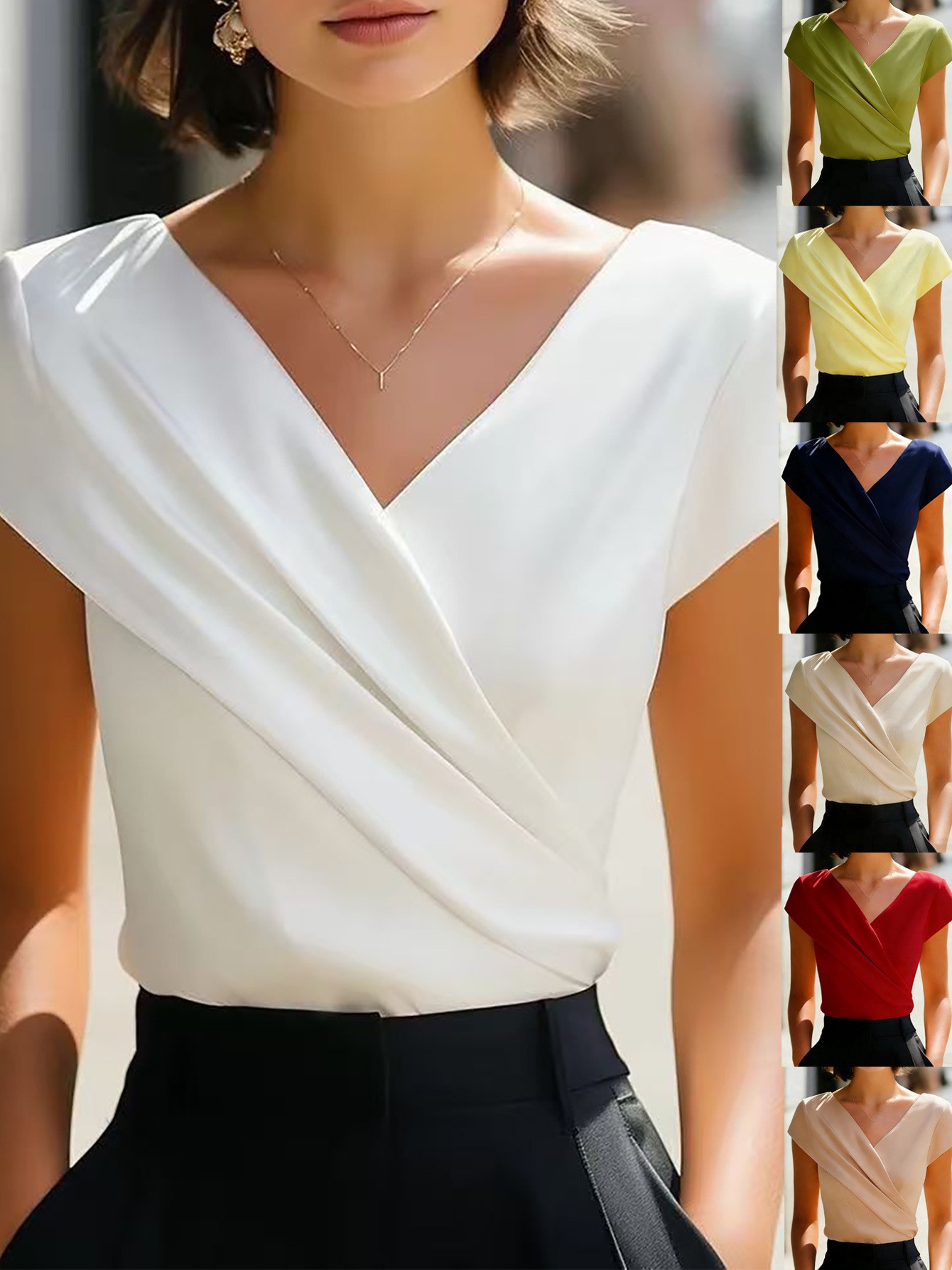 Wrap Blouse Chiffon - Zomer damesblouse effen witte ruchesblouses chiffon