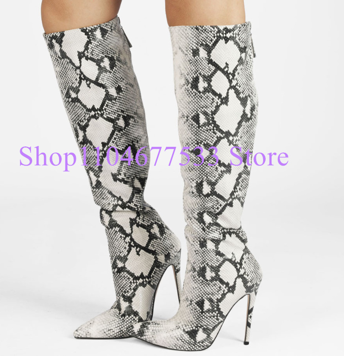 Women'S Fashion Leather Boots - Sexy Slangenhuid Gedrukt Leer Vrouw Knie