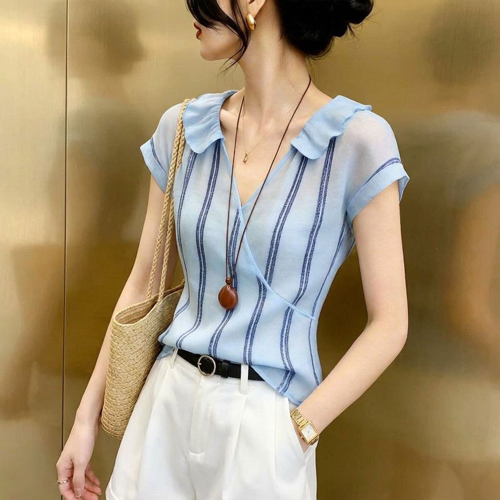 Franse stijl blauwe verticale  - Wrap Blouse Chiffon recensie en prijs