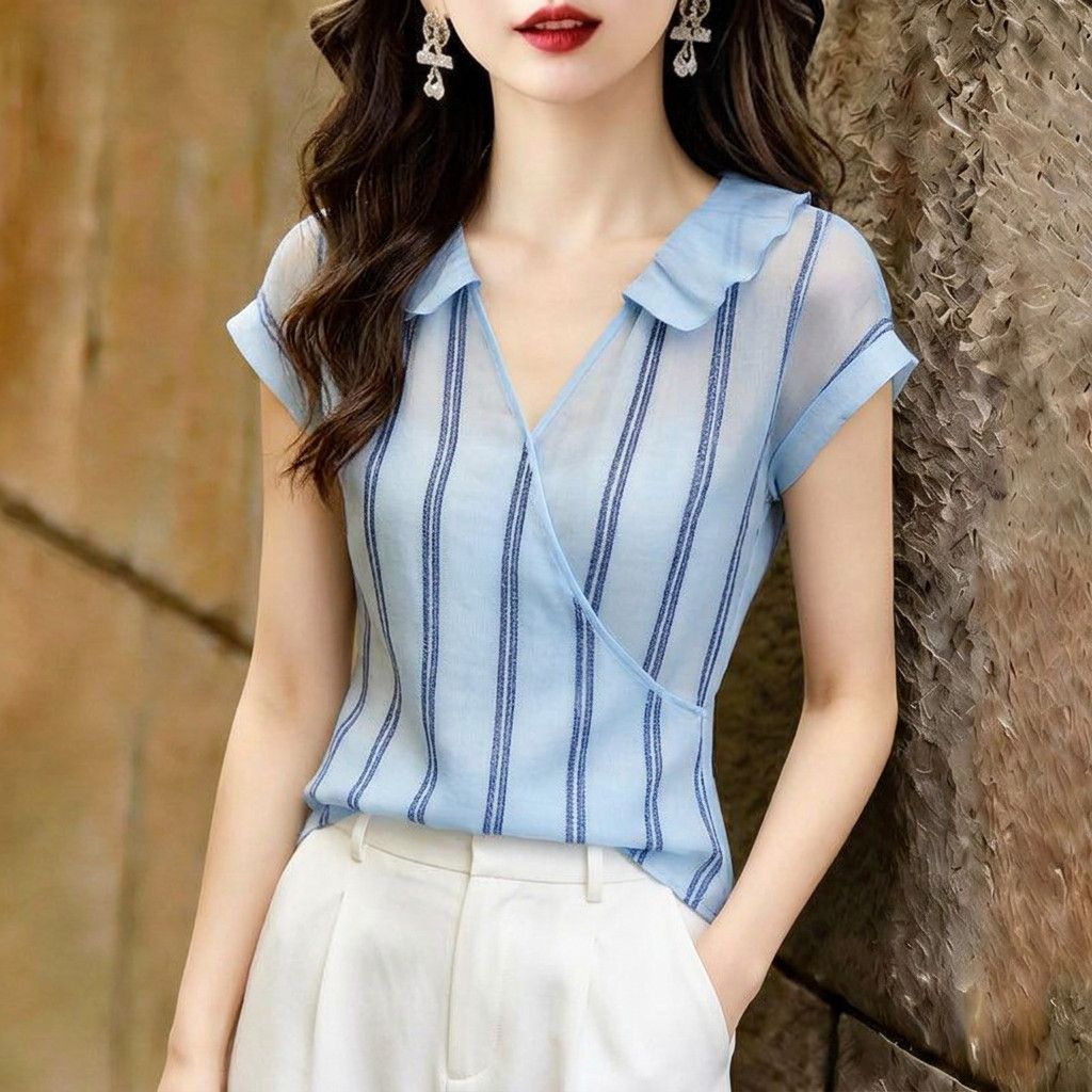 Franse stijl blauwe verticale  - Wrap Blouse Chiffon recensie en prijs